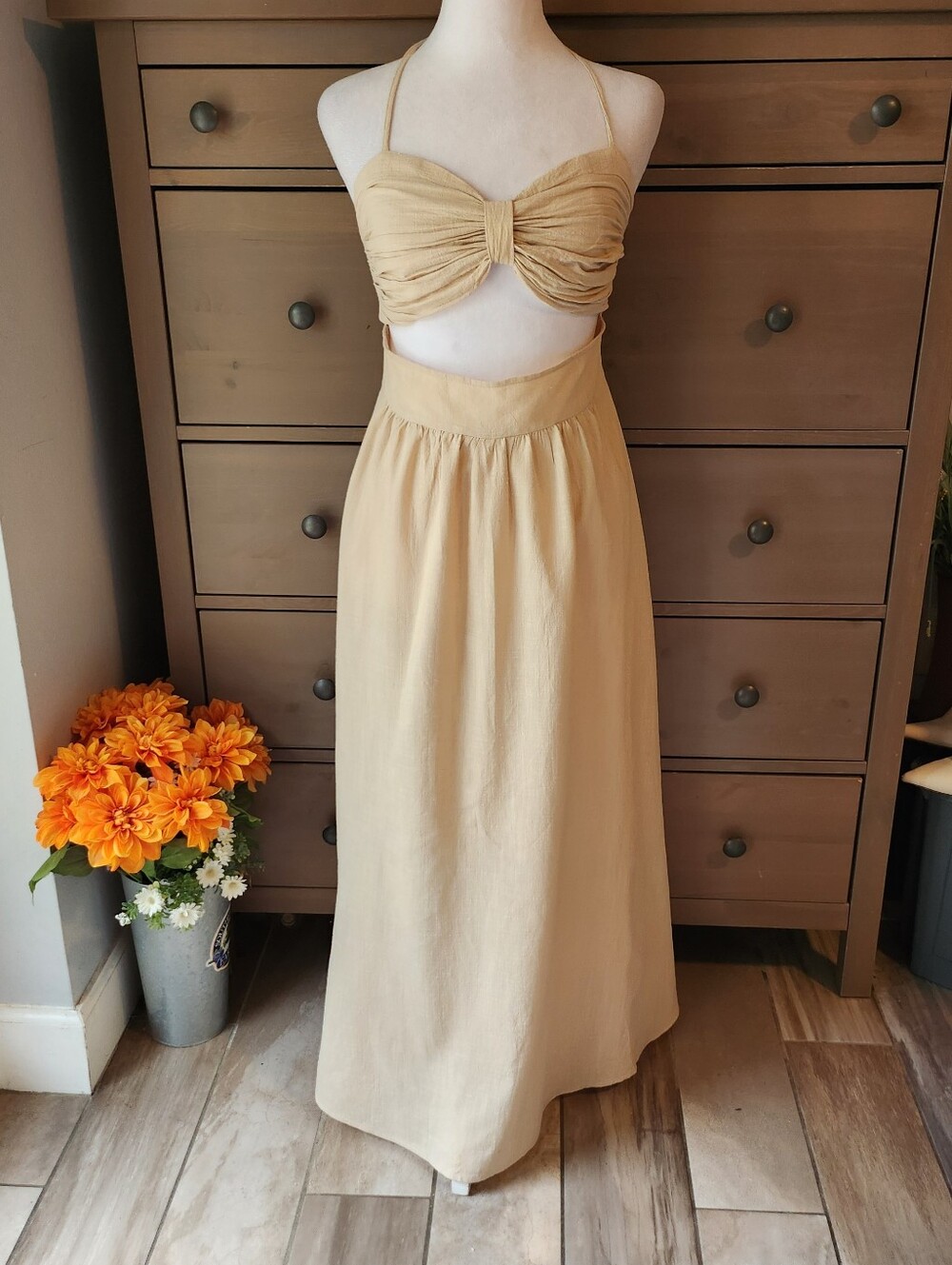 SNDYS Beige Halter Cut- Out Maxi Dress